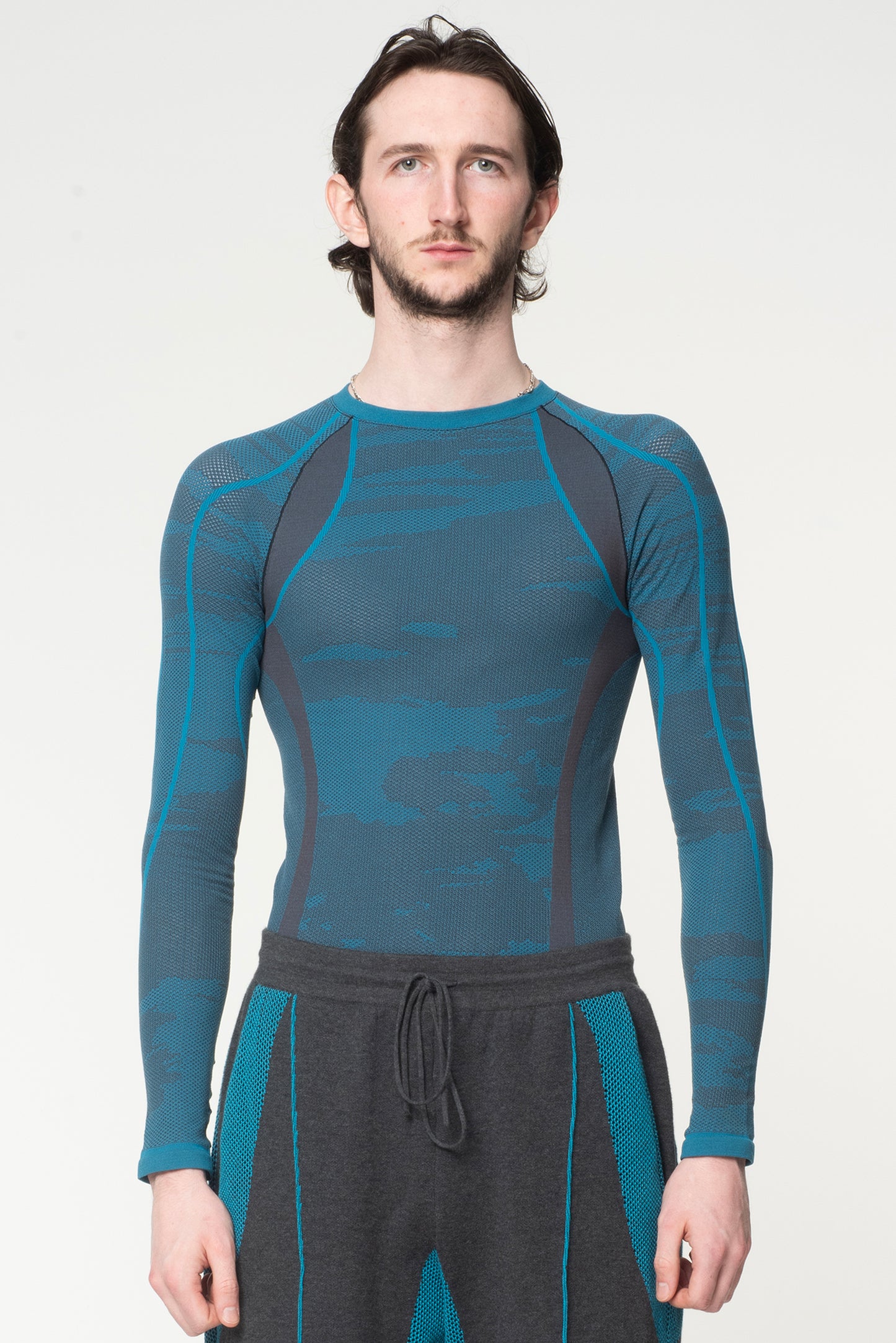 LONG SLEEVE SEAMLESS KNIT COMPRESSION - TEAL/ANTHRACITE
